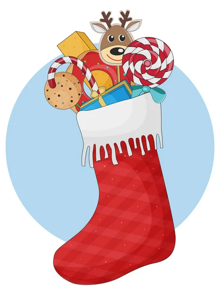 Calza di Natale rossa con regali e dolci, illustrazione vettoriale di riserva. — Vettoriale Stock