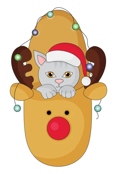 Roztomilé koťátko se Santovým kloboukem a vánoční věncem v vánoční pantofli, vektorová ilustrace. — Stockový vektor