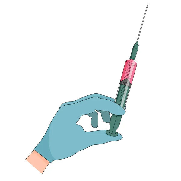 Injectiespuit met vaccin bij artsen hand, injectie, gezondheidszorg en medisch concept, vectorillustratie. — Stockvector