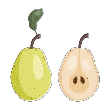 Yeşil armut bütünlüğü ve beyaz arkaplanda izole edilmiş kesim, vektör illüstrasyonu.