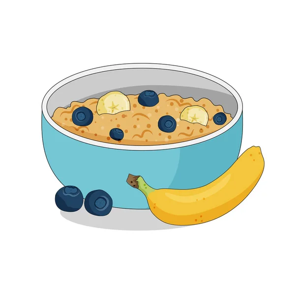 Bubur oatmeal dalam mangkuk dengan pisang dan blueberry, sarapan sehat, ilustrasi vektor. - Stok Vektor