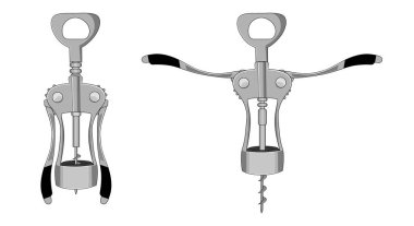 Açacak için tirbuşon şarap şişeleri, metal kanatlar, stok vektör illüstrasyonu.