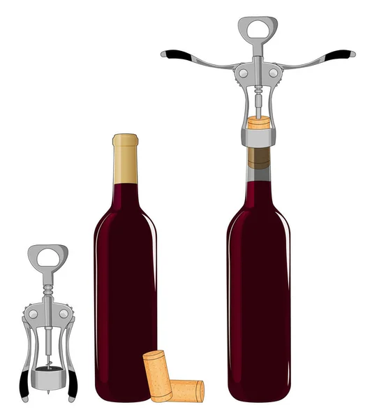 Garrafas de vinho e saca-rolhas isoladas em fundo branco ilustração vetorial. — Vetor de Stock