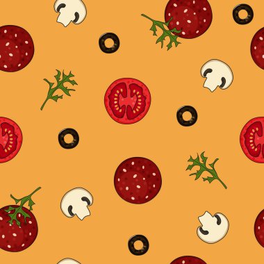 Bileşenli pizzalar, sosis, domates, mantar, zeytin, vektör illüstrasyonu.