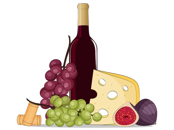 Botella de vino tinto, queso, uvas e higos aislados sobre fondo blanco vector ilustración. — Vector de stock