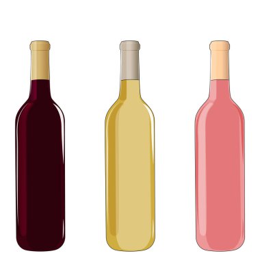 Farklı şarap şişeleri, kırmızı, gül ve beyaz, stok vektör illüstrasyonu.