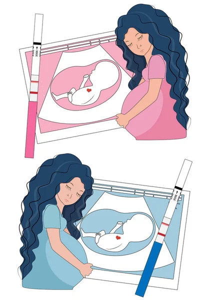 Mujeres embarazadas, ultrasonido del feto, prueba de embarazo, ilustración vectorial. — Archivo Imágenes Vectoriales