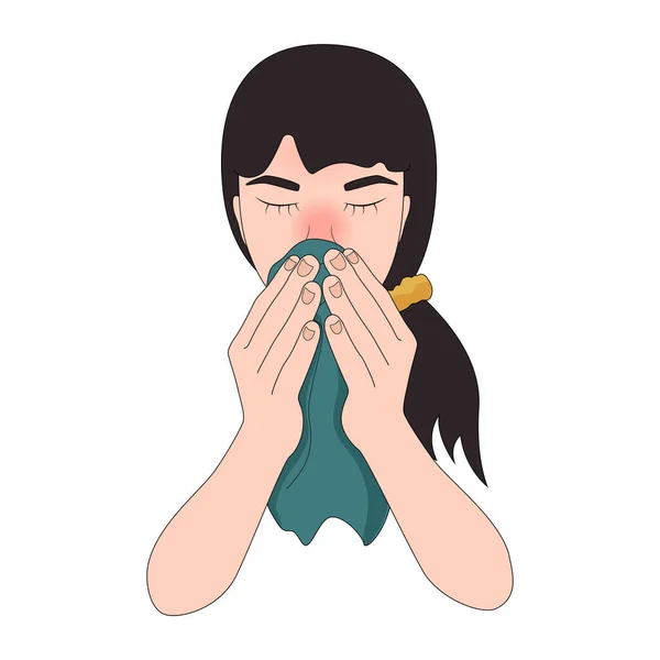 Flicka med influensasymtom blåser sin rinnande näsa med en näsduk, nysningar, vektor illustration. — Stock vektor