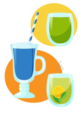 Yeşil ve mavi kibrit, limonlu yeşil çay, stok vektör çizimi.