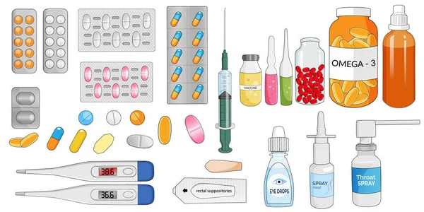 Grande conjunto de comprimidos, comprimidos, cápsulas e outras drogas médicas ilustração vetor. — Vetor de Stock