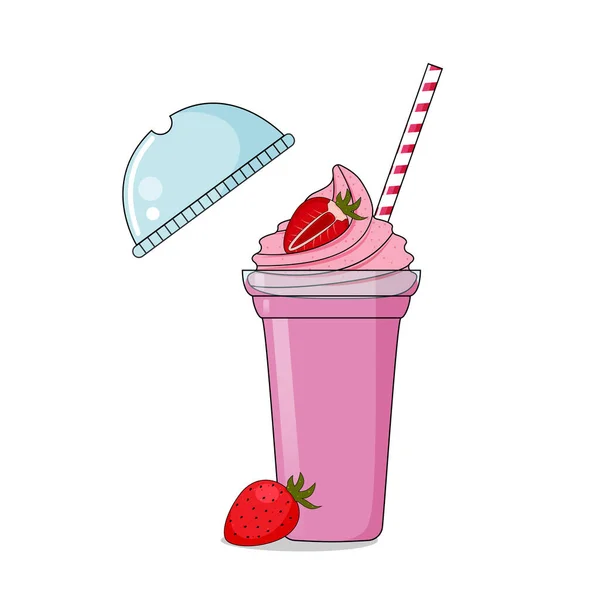 Milkshake de fresa con crema batida aislada sobre fondo blanco, ilustración vectorial. — Vector de stock