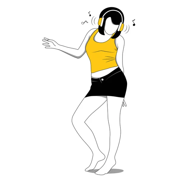 Flicka i hörlurar lyssnar på musik och dans, platt stil, vektor illustration. — Stock vektor
