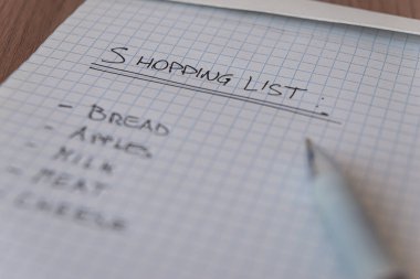 Alışveriş listesi, kare kağıt üzerine yazılmış.