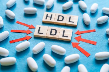HDL ve LDL kolesterol arasındaki fark kavramı, mavi arka planda tahta alfabeyle yazılmış kelimeler ve onları çevreleyen uyuşturucu tabletleri; kötü LDL kolesterolü.