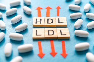 HDL kolesterolün artması ve LDL kolesterolün azalması kavramı, tahta alfabe ve yukarı ve aşağı oklarla oluşturulan terimler.