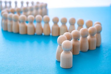 Concepts of order, discipline, conformity, waiting, and community, expressed with wooden figures arranged in a row.