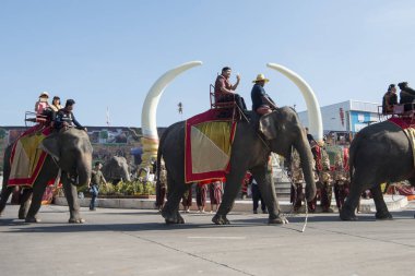 Filler Phaya Surin Pakdee Anıt veya geleneksel fil yuvarlak kadar festivalin bir Tayland Surin şehir meydanında fil. Tayland, bir, Surin, Kasım, 2017