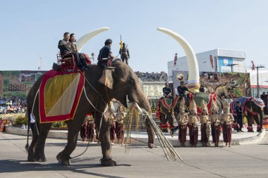 Filler Phaya Surin Pakdee Anıt veya geleneksel fil yuvarlak kadar festivalin bir Tayland Surin şehir meydanında fil. Tayland, bir, Surin, Kasım, 2017