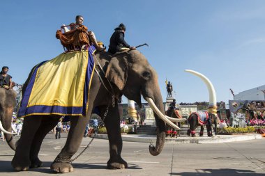 Filler Phaya Surin Pakdee Anıt veya geleneksel fil yuvarlak kadar festivalin bir Tayland Surin şehir meydanında fil. Tayland, bir, Surin, Kasım, 2017