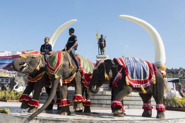 Filler Phaya Surin Pakdee Anıt veya geleneksel fil yuvarlak kadar festivalin bir Tayland Surin şehir meydanında fil. Tayland, bir, Surin, Kasım, 2017