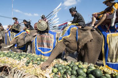 Filler ile lots-in meyve geleneksel fil yuvarlak kadar festivalin bir Tayland Surin şehir üzerinde fil açık büfe. Tayland, bir, Surin, Kasım, 2017
