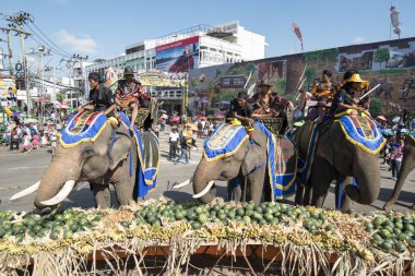 Filler ile lots-in meyve geleneksel fil yuvarlak kadar festivalin bir Tayland Surin şehir üzerinde fil açık büfe. Tayland, bir, Surin, Kasım, 2017
