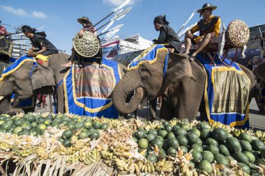 Filler ile lots-in meyve geleneksel fil yuvarlak kadar festivalin bir Tayland Surin şehir üzerinde fil açık büfe. Tayland, bir, Surin, Kasım, 2017
