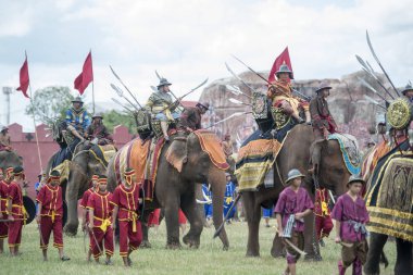 Filler geleneksel fil yuvarlak kadar festivalin bir Tayland Surin şehir stadyumunda Elaphant fuarında. Tayland, bir, Surin, Kasım, 2017