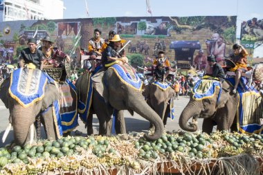 Filler ile lots-in meyve geleneksel fil yuvarlak kadar festivalin bir Tayland Surin şehir üzerinde fil açık büfe. Tayland, bir, Surin, Kasım, 2017