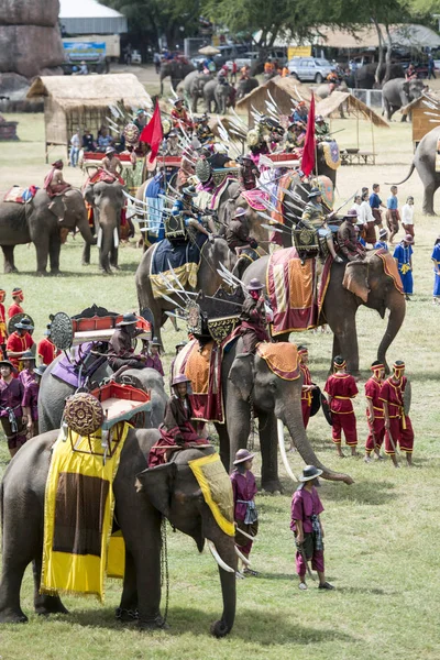 Filler geleneksel fil yuvarlak kadar festivalin bir Tayland Surin şehir stadyumunda Elaphant fuarında. Tayland, bir, Surin, Kasım, 2017