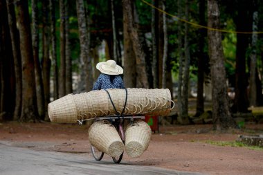 Kamboçya Siem Reap, Nisan 2014: Bisiklet Sepet Taşıma Temple City Angkor Kamboçya Batı yakınındaki Siem Reap şehir içinde.   