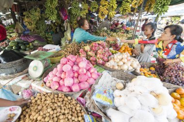  Kamboçya, Kampong Thom - Kasım, 2017: Satıcı ve meyve piyasada Psar Kampong thom Kamboçya Kampong Thom şehir içinde