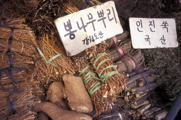 特別な木は Eastaasia 韓国のソウルの街の市場で薬 ソウル 2006 — ストック写真