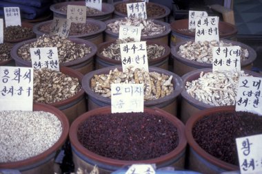 bir Eastaasia Güney Kore'de Seoul şehir içinde bir arket alternatif tıp dükkanında. Southkorea, Seoul, Mayıs 2006