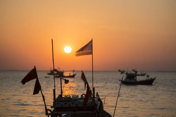 Coucher Soleil Avec Des Bateaux Pêche Plage Bang Saen Ville — Photo