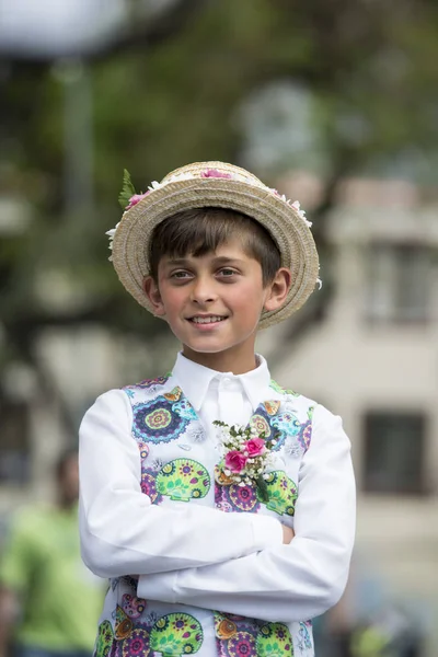 Boy Dressed Colorful Clothes Festa Flor Spring Flower Festival City — Stock Photo, Image