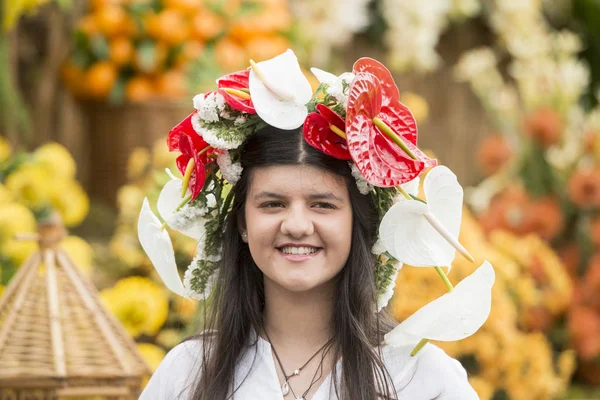 Mujeres Vestidas Con Ropa Colorida Festa Flor Spring Flower Festival —  Fotos de Stock