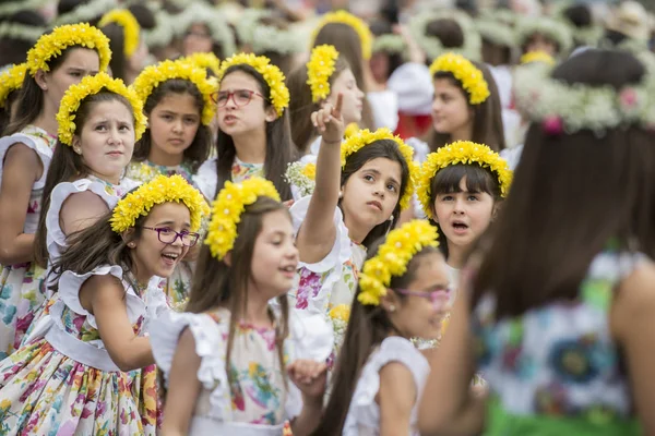 Παιδιά Ντυμένη Πολύχρωμα Ρούχα Στο Festa Flor Γιορτή Των Λουλουδιών — Φωτογραφία Αρχείου