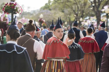 bir traditonal madeira folklor müzik grubu s Festa da Flor veya bahar çiçek Festivali Funchal Şehir Adası Madeira Portekiz Atlantik Okyanusu. Madeira, Funchal, Nisan, 2018
