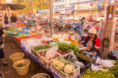 Kuzey Tayland 'daki Chiang Rai şehrinin kuzeyindeki Chiang Saen kasabasındaki Sin Sombun Market' te taze sebze. Tayland, Chiang Sean, Kasım 2019