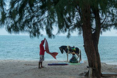 Tayland 'ın Phetchaburi eyaletindeki Cha Am plajında bir atın sahibi. Tayland, Phetburi, Kasım 2019