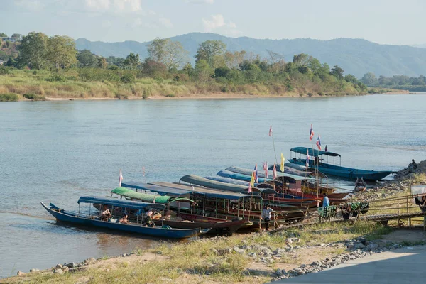 Boat Molo Wsi Huay Xay Lao Rzece Mekong Widoku Nocno — Zdjęcie stockowe