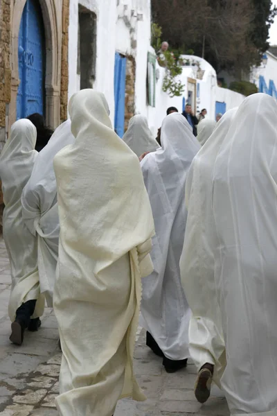 Tunisian Muslim Women Traditional Tunisia Clothes Old Town Sidi Bou — Stock Photo, Image
