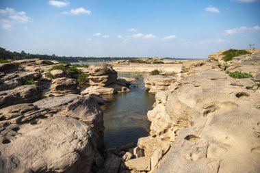 Tayland 'ın Ubon Ratchathani ilinin Mekong Nehri' ndeki Ban Non Tan Köyü 'nde Hat Chom Dao veya Kaeng Chom Dao. Tayland, Khong Chiam, 28 Kasım 2023
