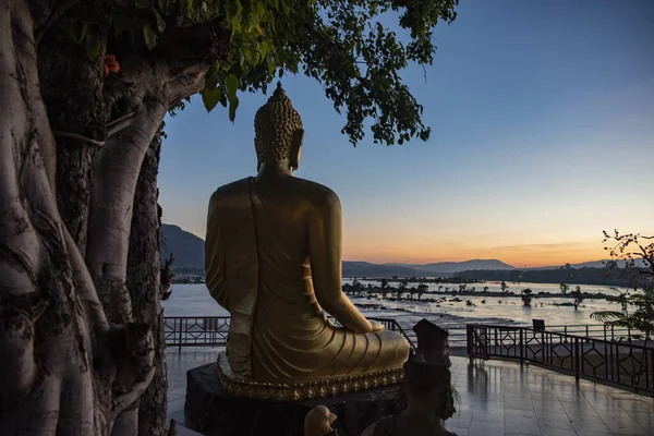 Buddha Wat Khong Chiam Two Color River Viewpoint Town Khong — Stock Photo, Image