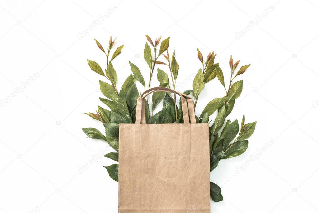 Recycled brown paper shopping bag with handle and green branches leaves isolated on white background. Zero waste concept. Top view, flat lay, copy space.