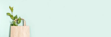 Yeşil arkaplanda yeşil yapraklar ve saplı geri dönüşümlü kahverengi kağıt alışveriş torbası. Sıfır atık. Üst görünüm, düz görünüm, kopyalama alanı. Pankart.