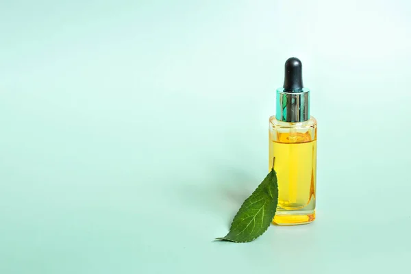 Glass bottle with cosmetic essential oil, fresh leaf isolated on green background. Organic natural product. Copy space.