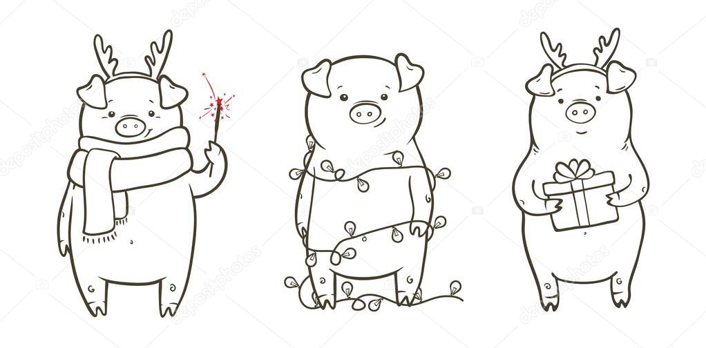 Cute vector illustration with three funny piglet