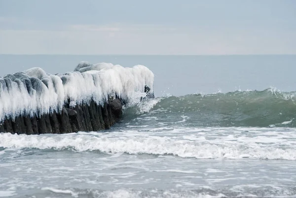 Ice breakwater in the winter sea — стоковое фото